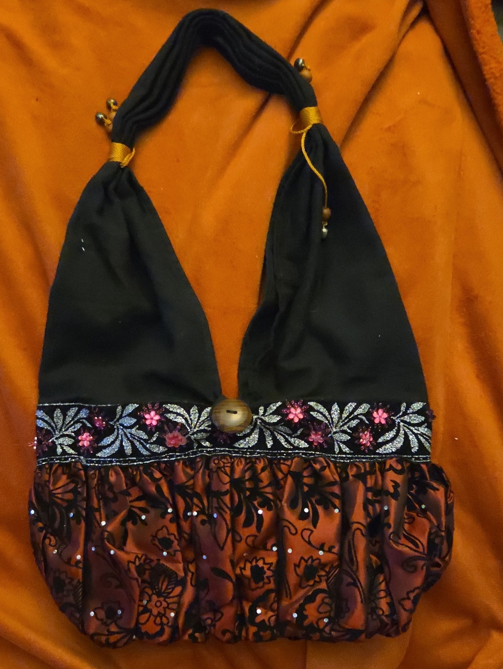 Vintage Black and Burnt Orange Embroidered Shoulder Bag